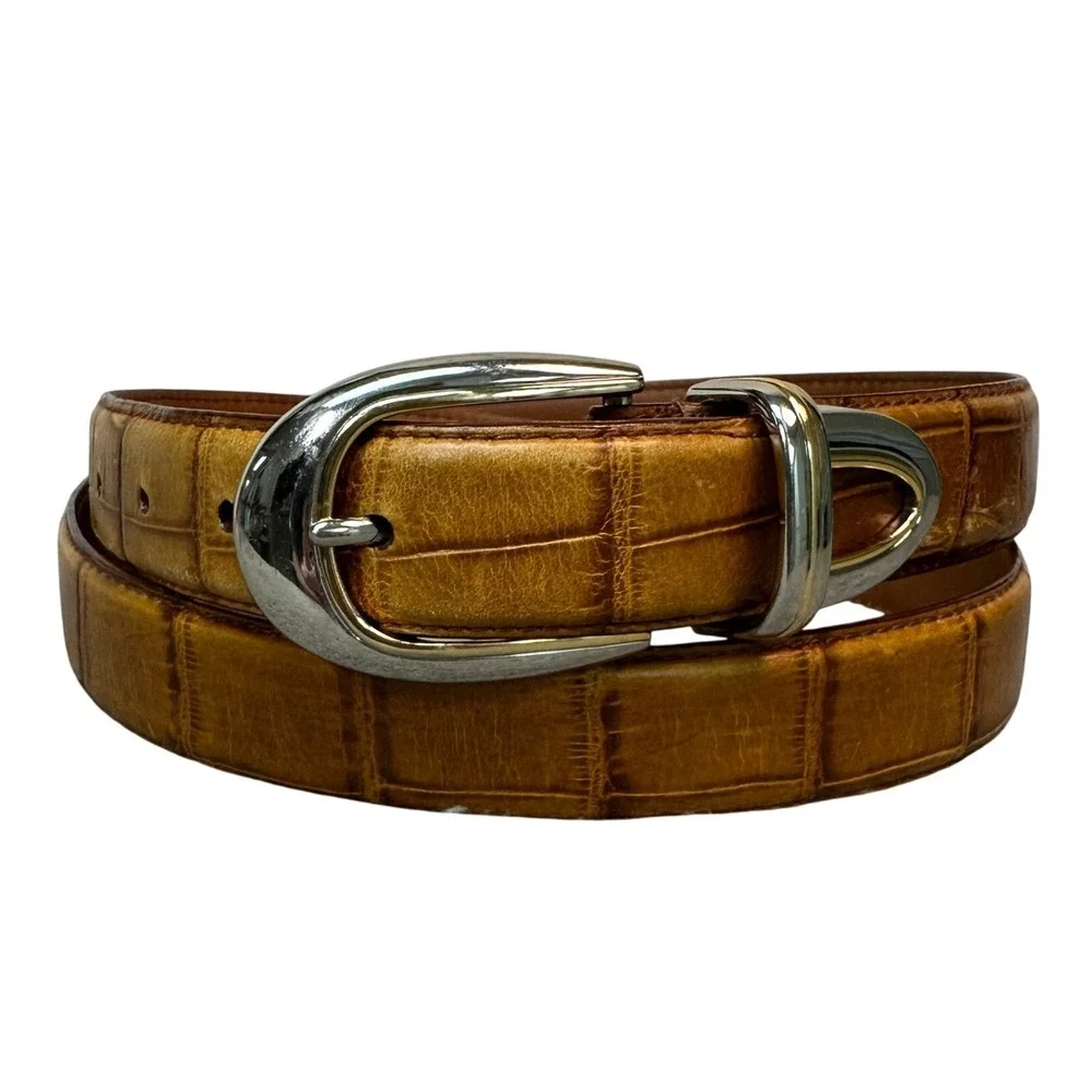 Arden Leather Co Mens Tan Italian Croco Calfskin Belt Silver Gold Buckle Size 42